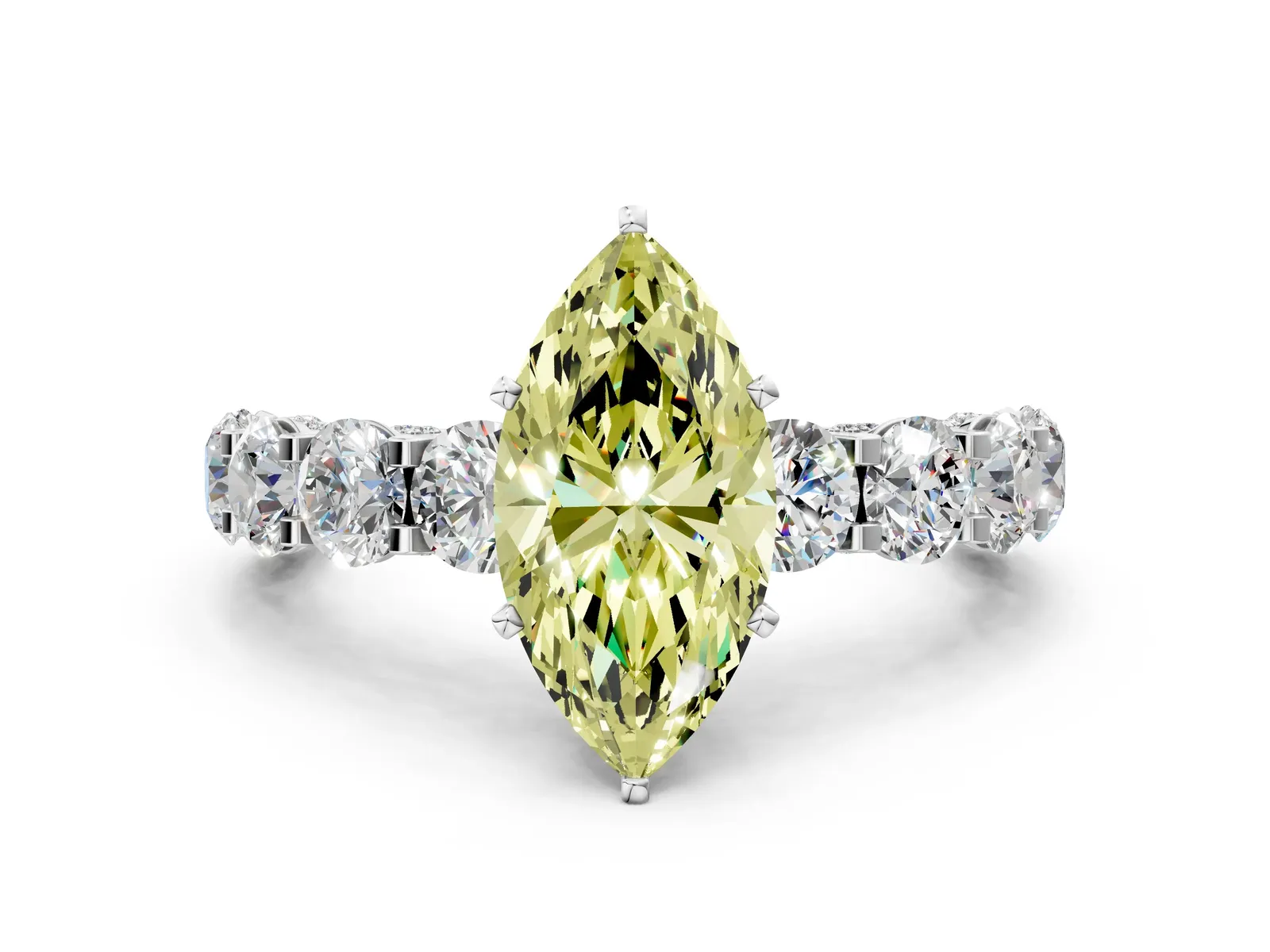 Fancy Yellow Marquise Cut Diamond Side Stone Engagement Ring with Four-Prong Setting White gold