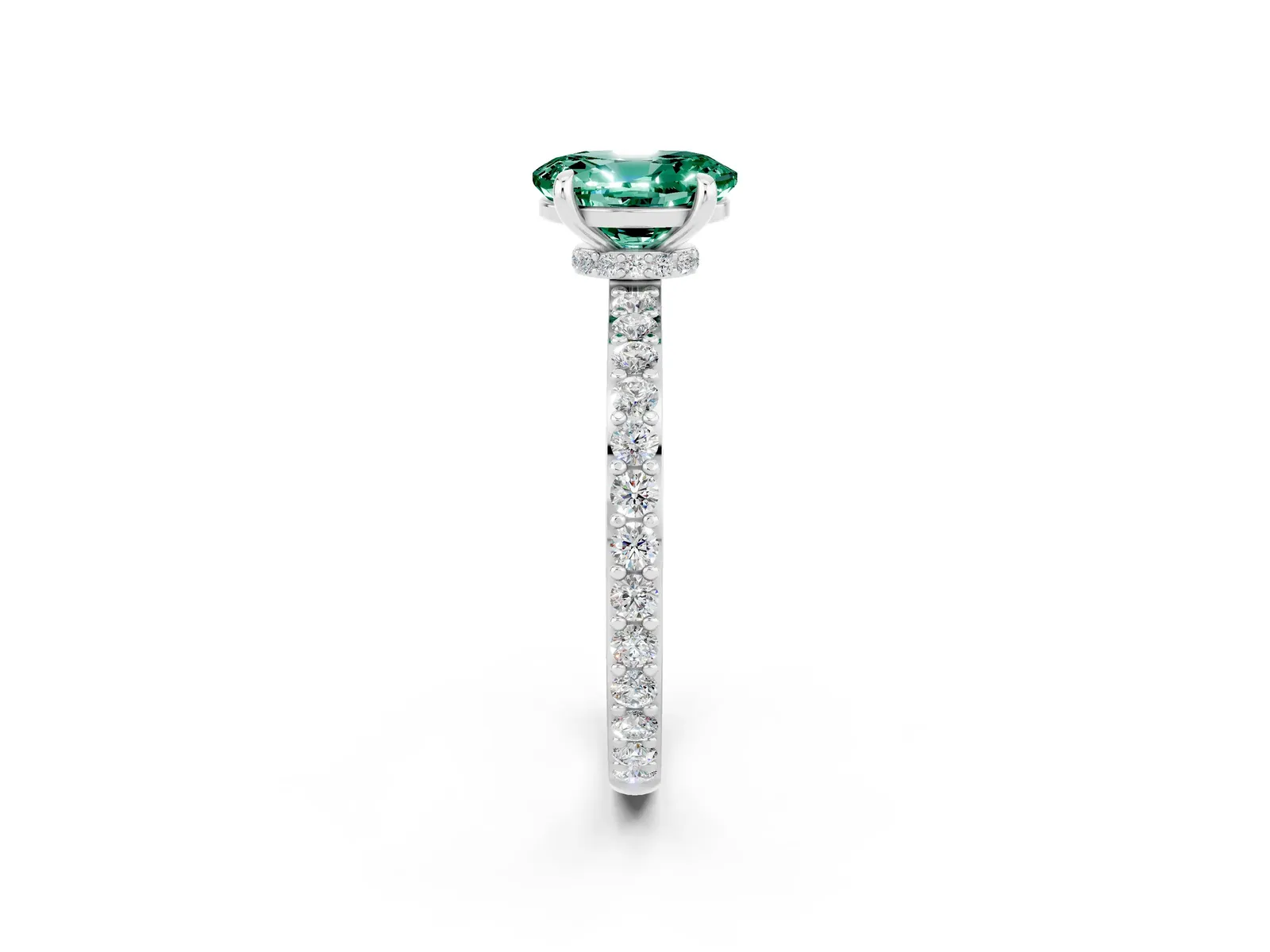 Oval Cut Green Sapphire Solitaire Engagement Ring with Pavé Band and Four-Prong Setting Platinum