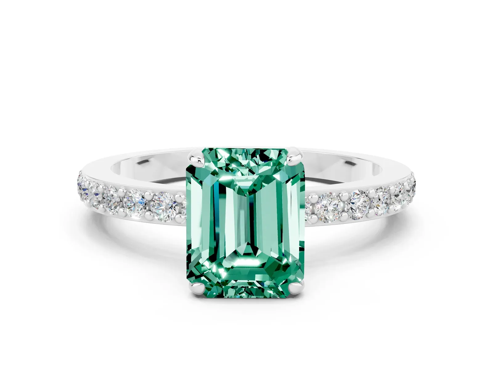 Emerald Cut Green Sapphire Solitaire Engagement Ring with Pavé Band and Four-Prong Setting Platinum