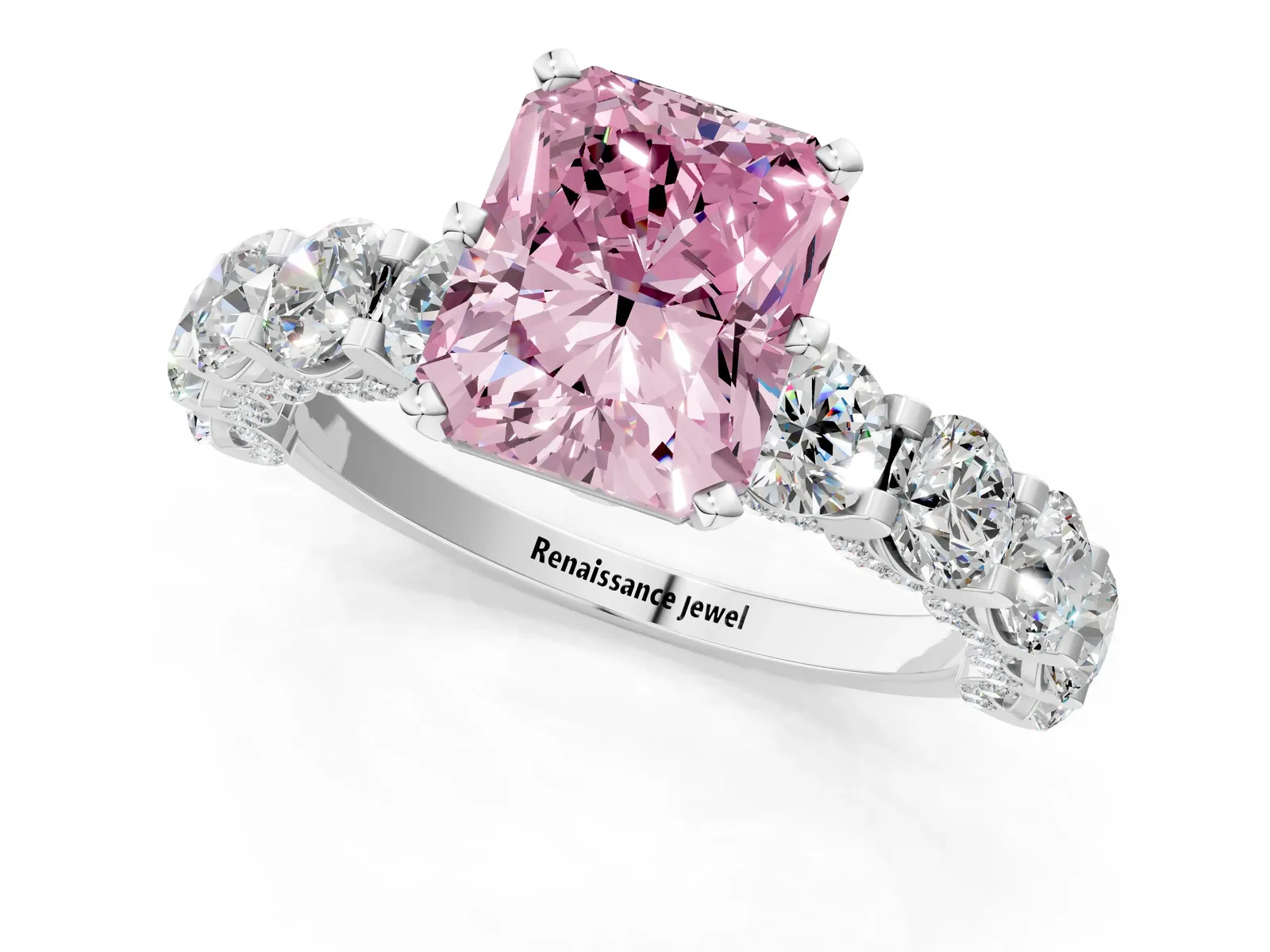 Fancy Pink Radiant Cut Diamond Side Stone Engagement Ring with Four-Prong Setting Platinum