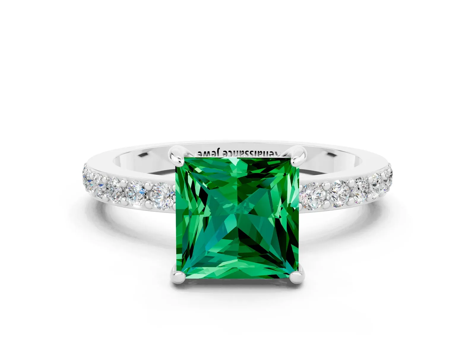 Princess Cut Emerald Solitaire Engagement Ring with Pavé Band and Four-Prong Setting Platinum