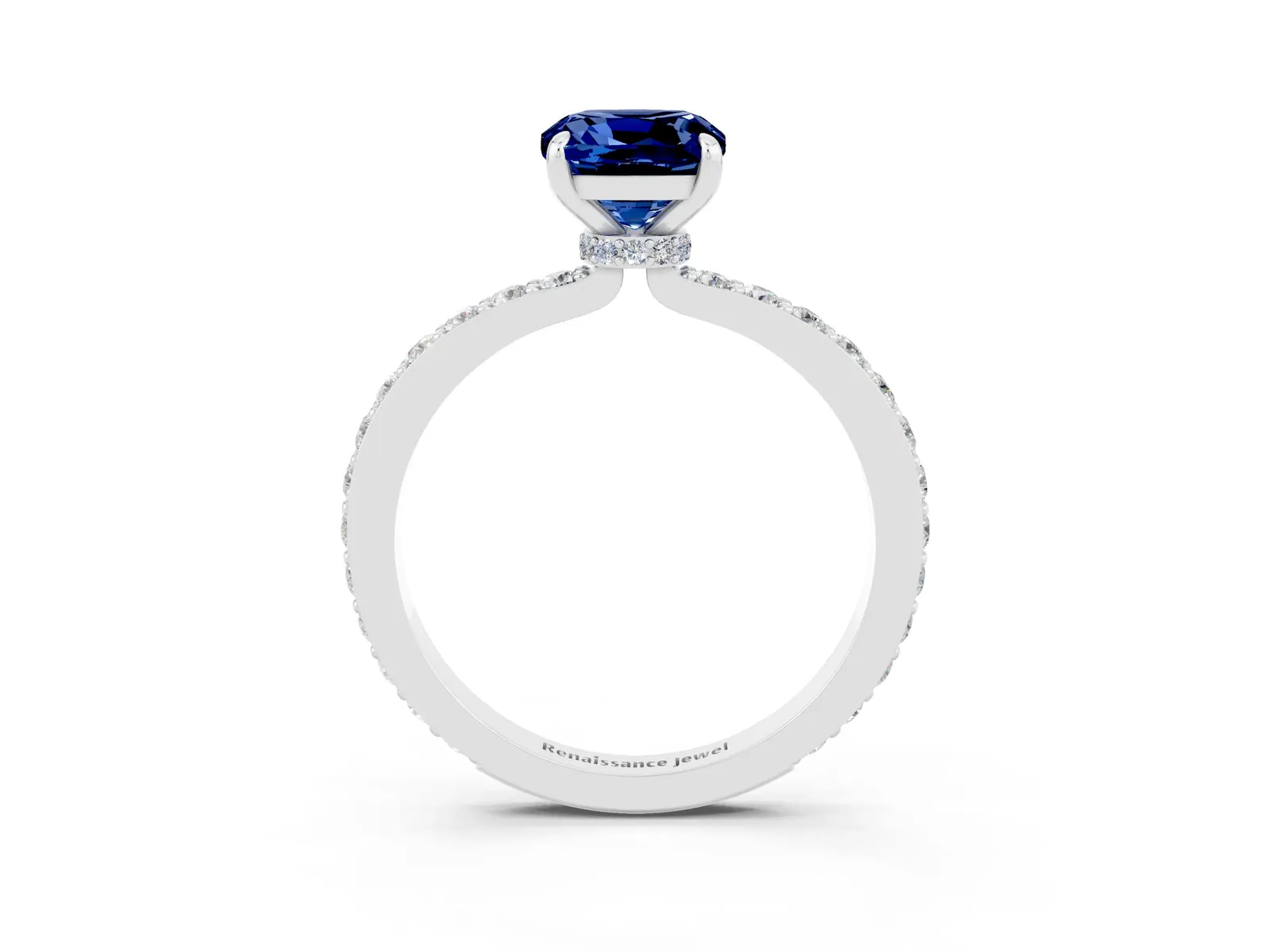 Cushion Cut Blue Sapphire Solitaire Engagement Ring with Pavé Band and Four-Prong Setting Platinum