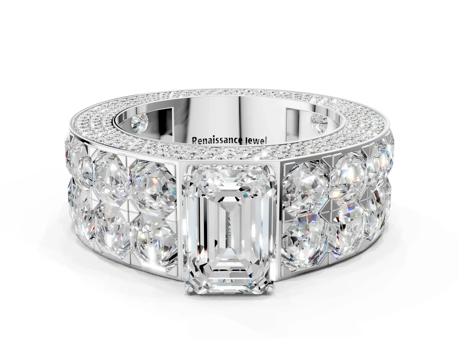Emerald Cut Diamond Radiant Pavé Mens Ring White gold