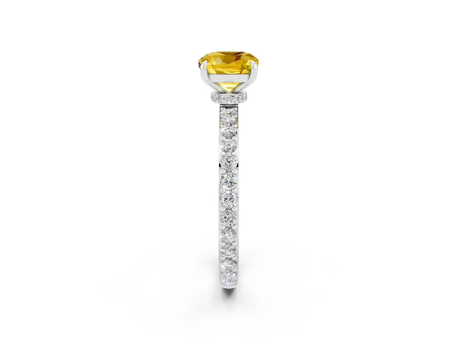 Cushion Cut Yellow Sapphire Solitaire Engagement Ring with Pavé Band and Four-Prong Setting Platinum