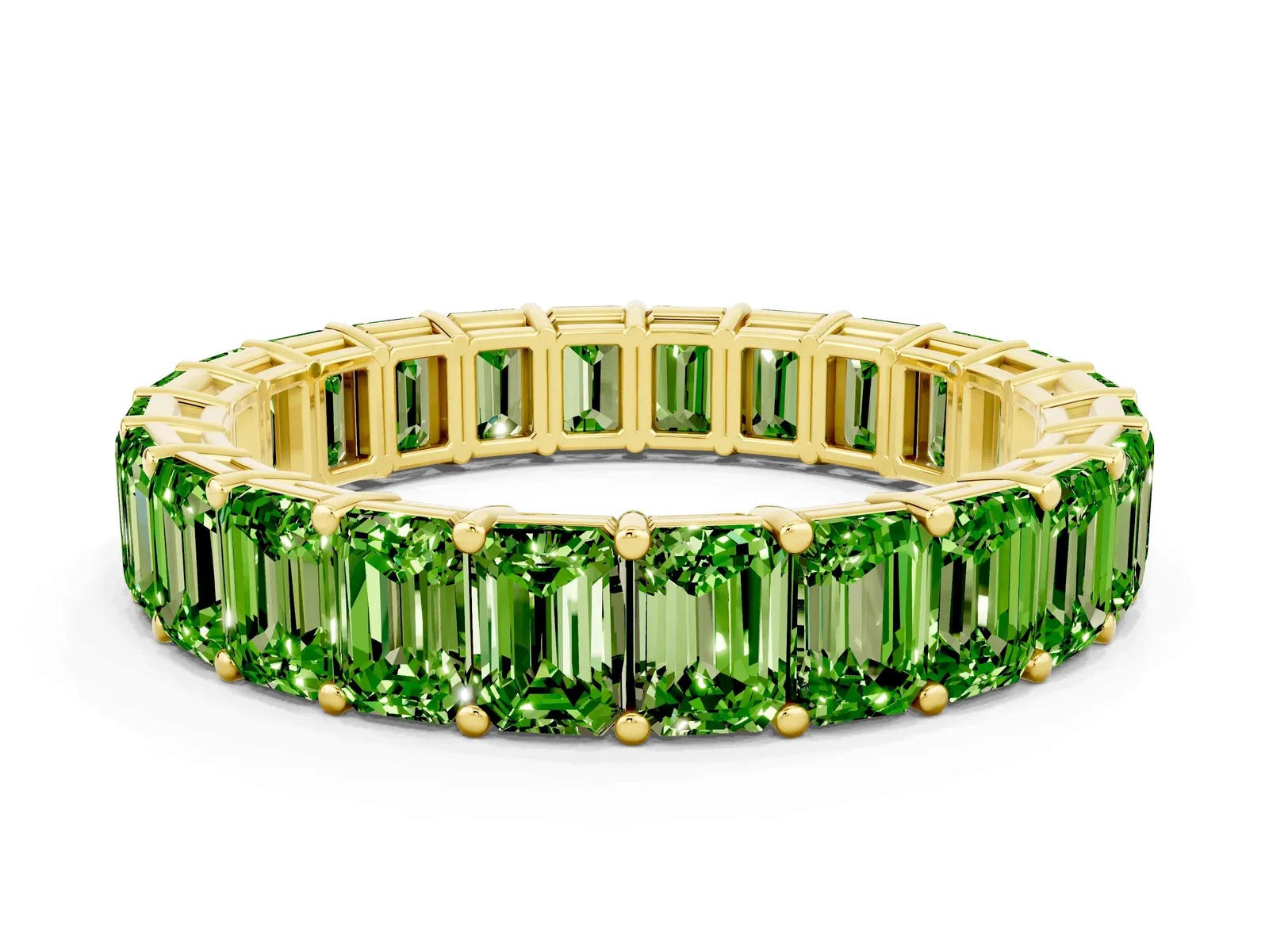 Emerald Cut Peridot Eternity Band with Shared Prong Setting Yellow gold