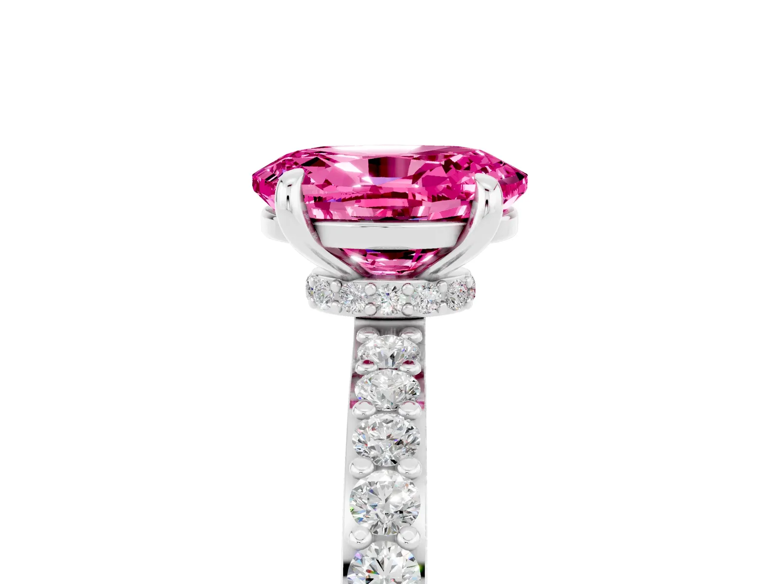 Oval Cut Pink Sapphire Solitaire Engagement Ring with Pavé Band and Four-Prong Setting Platinum