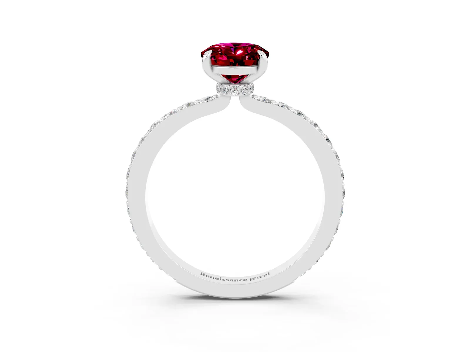 Oval Cut Garnet Solitaire Engagement Ring with Pavé Band and Four-Prong Setting Platinum