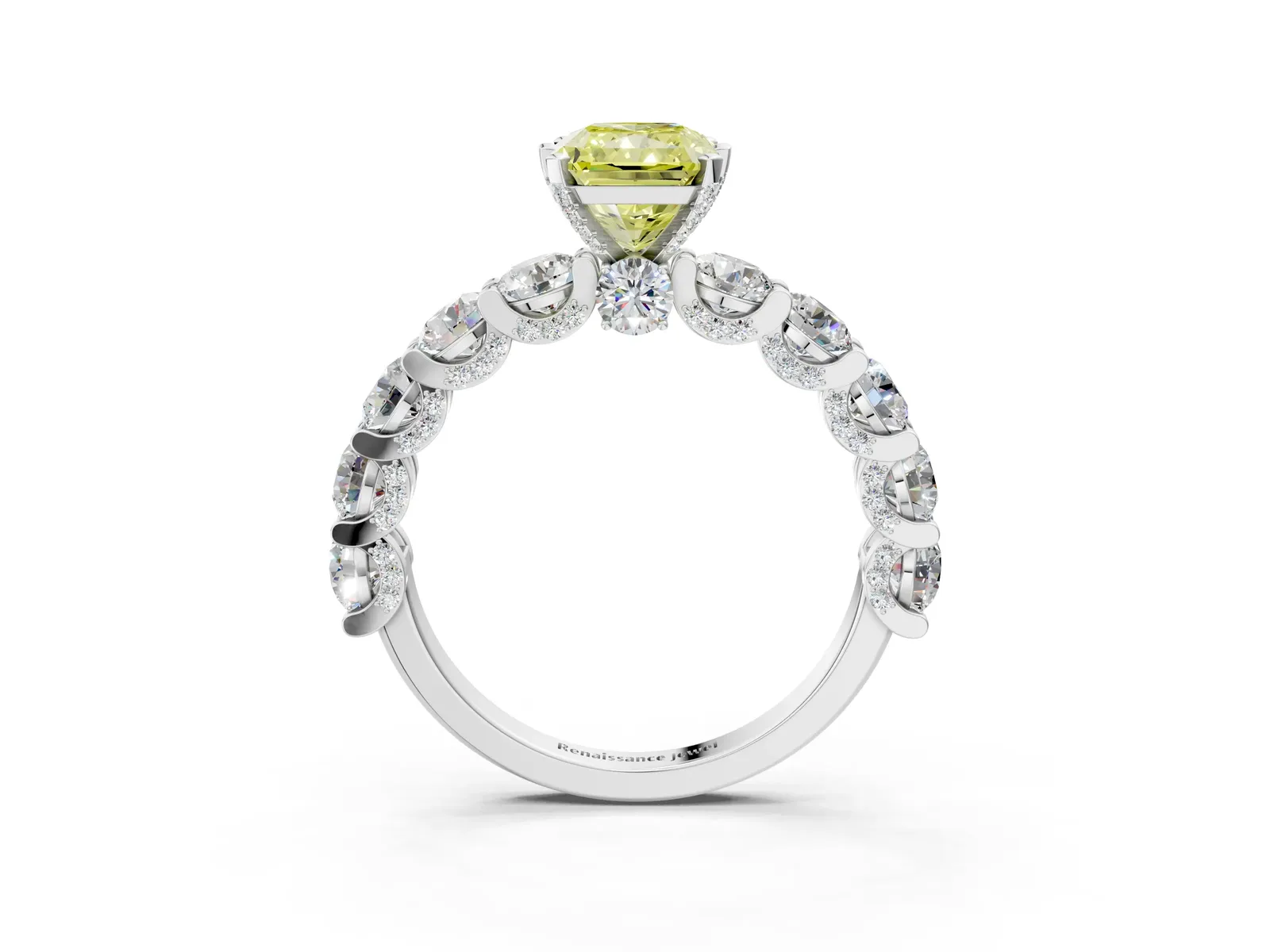 Fancy Yellow Radiant Cut Diamond Side Stone Engagement Ring with Four-Prong Setting Platinum