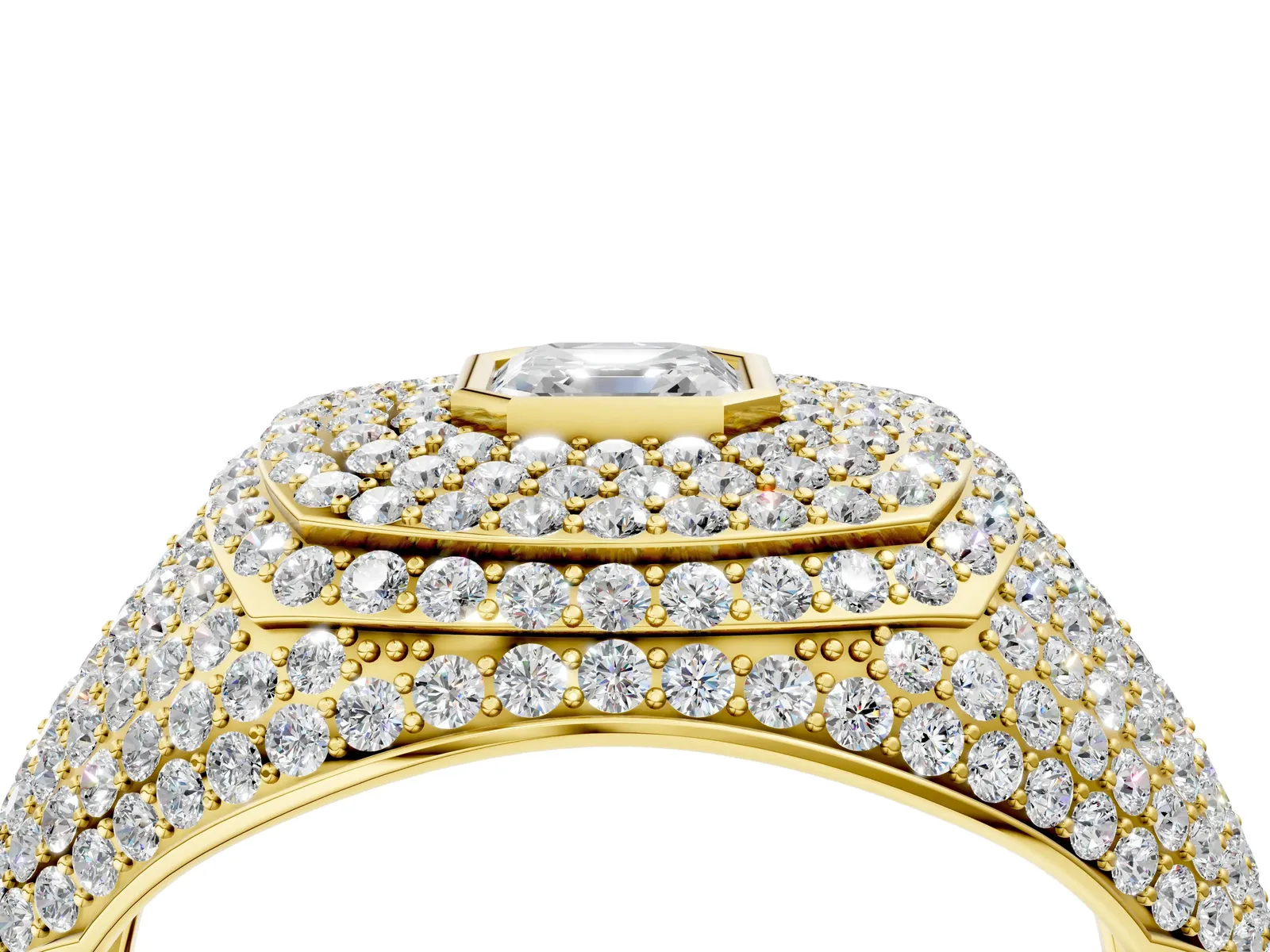 Asscher Cut Diamond Bezel Set Pavé Dome Mens Ring Yellow gold