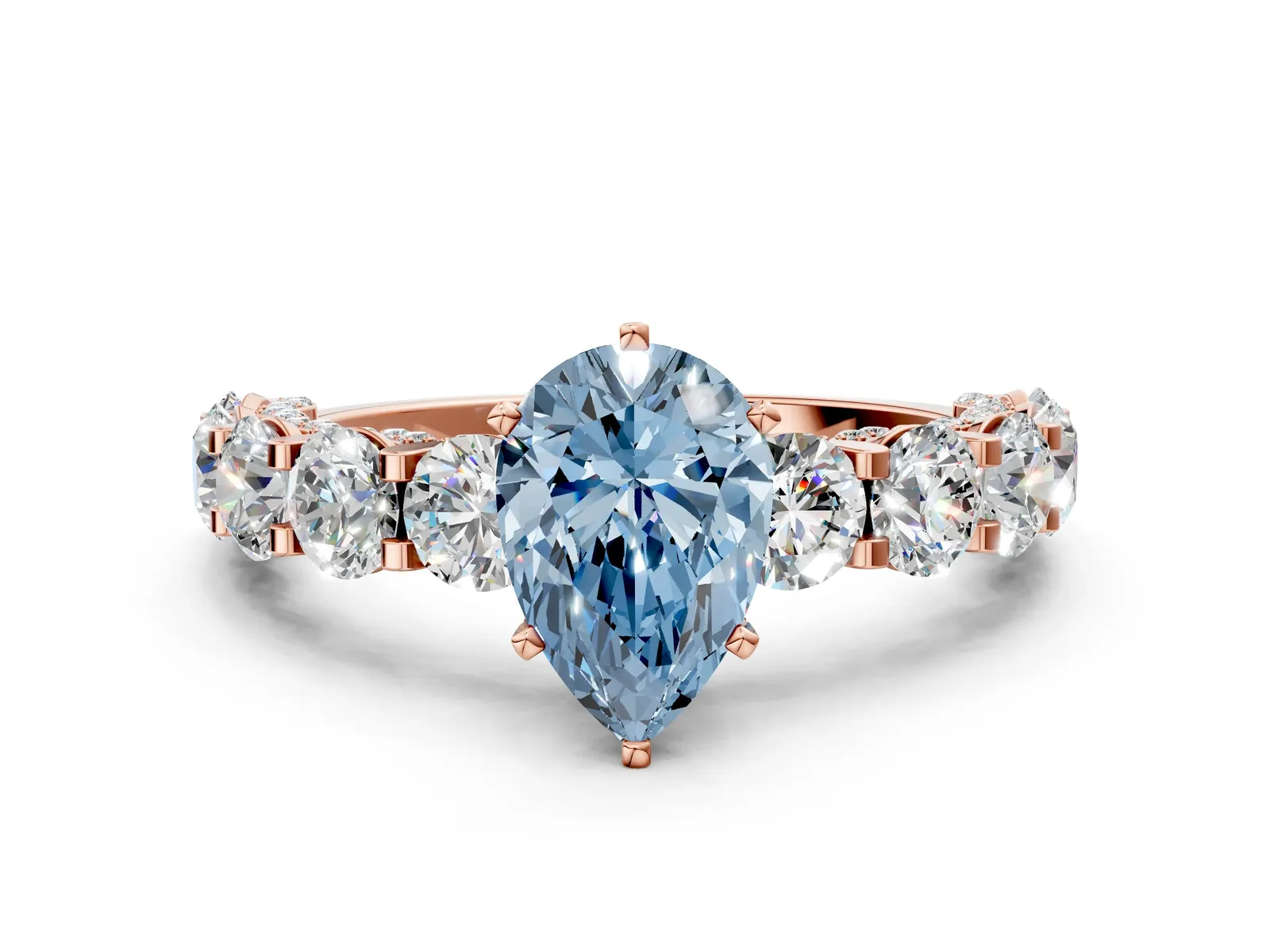 Fancy Blue Pear Cut Diamond Side Stone Engagement Ring with Four-Prong Setting Rose gold