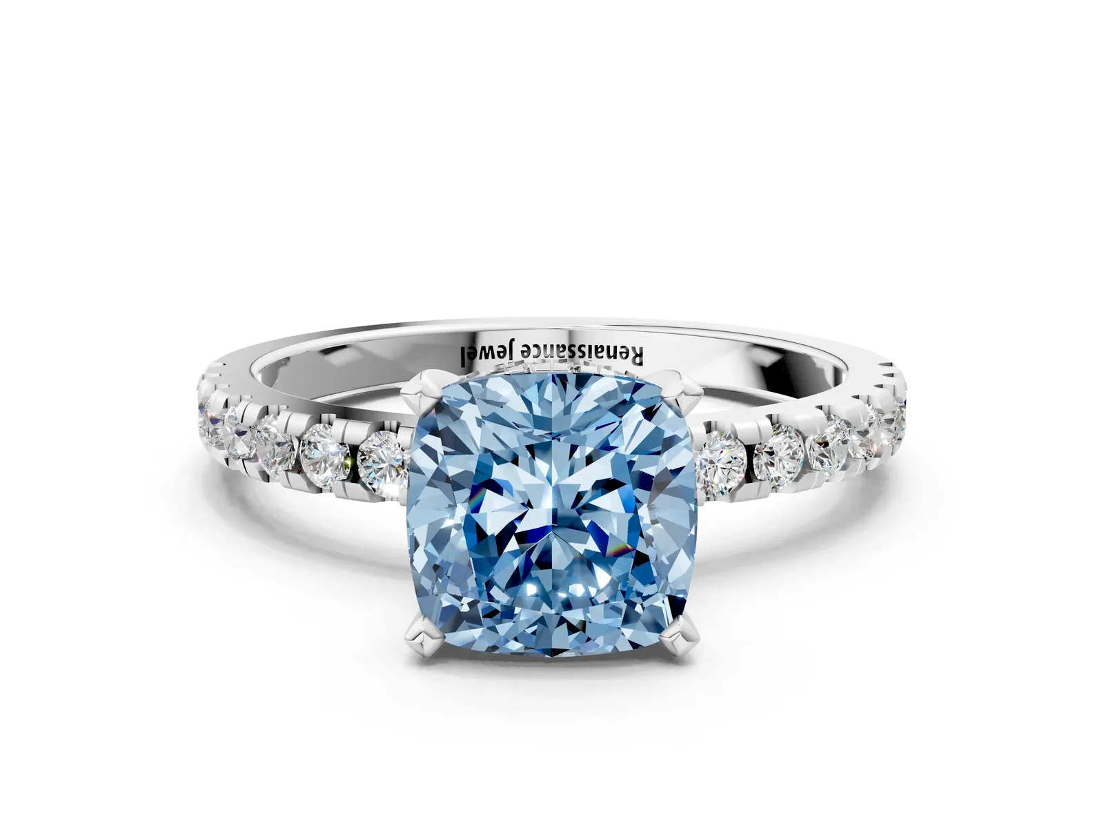 Fancy Blue Cushion Cut Diamond Solitaire Ring with Round Pavé Band and Four-Prong Setting Platinum