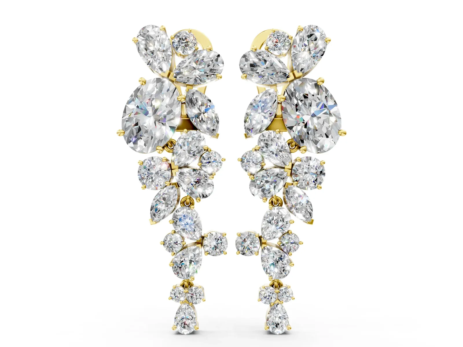Pear, Marquise and Round Diamond Floral Drop Earrings Yellow gold