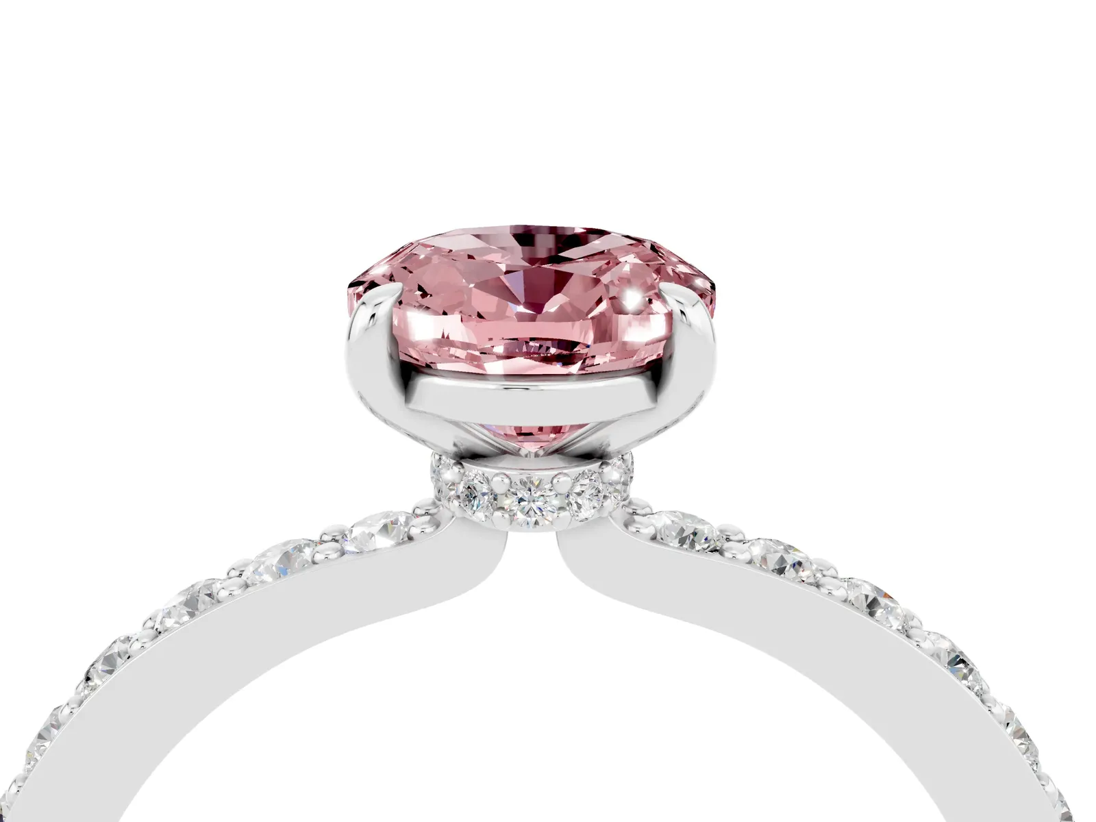 Oval Cut Morganite Solitaire Engagement Ring with Pavé Band and Four-Prong Setting Platinum