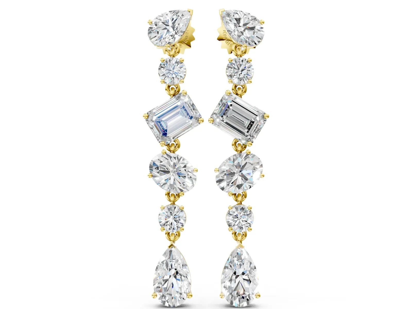 Pear, Oval, Emerald and Round Diamond Waterfall Drop Earrings Yellow gold