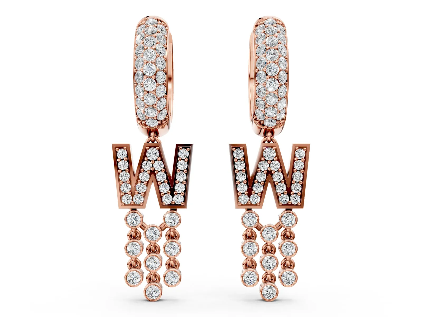 Round Diamond Initial W Huggie Hoop Earrings Rose gold