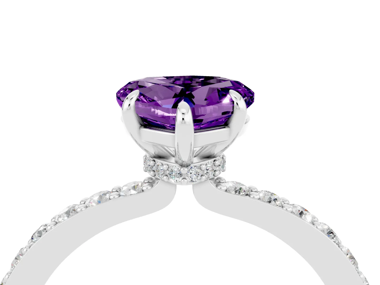Heart Cut Amethyst Solitaire Engagement Ring with Pavé Band and Four-Prong Setting Platinum