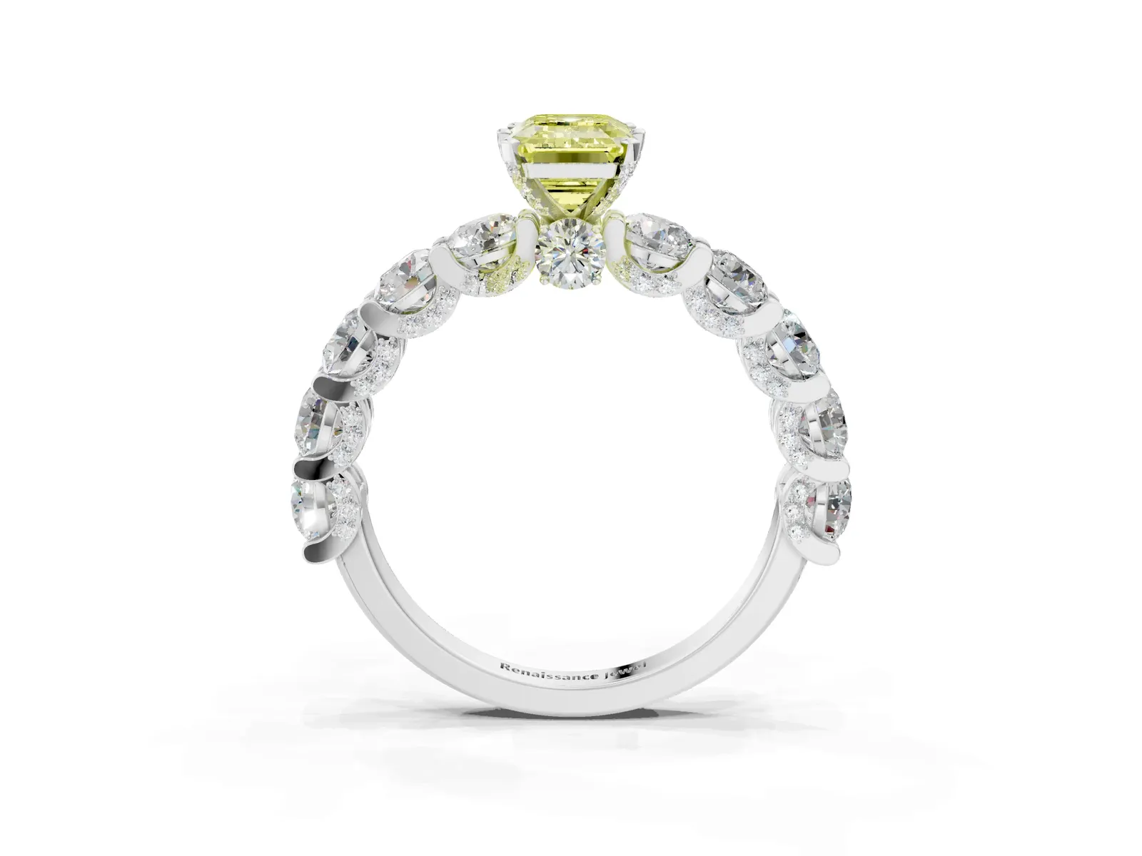 Fancy Yellow Emerald Cut Diamond Side Stone Engagement Ring with Four-Prong Setting Silver