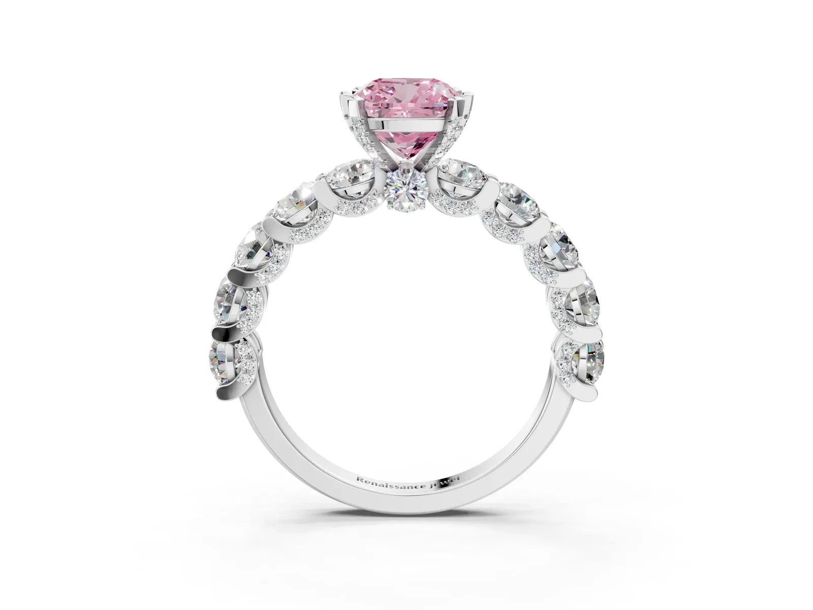 Fancy Pink Cushion Cut Diamond Side Stone Engagement Ring with Four-Prong Setting Platinum