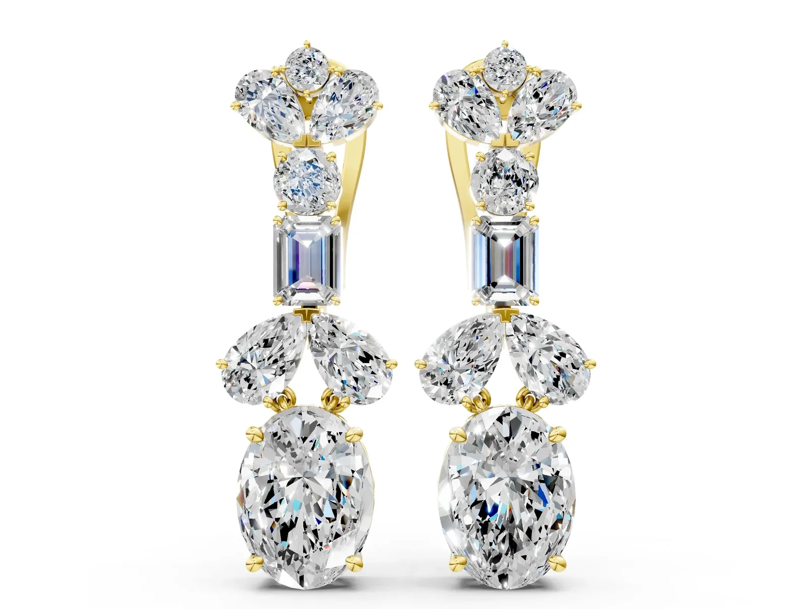 Pear, Baguette and Oval Diamond Monaco Drop Earrings Yellow gold
