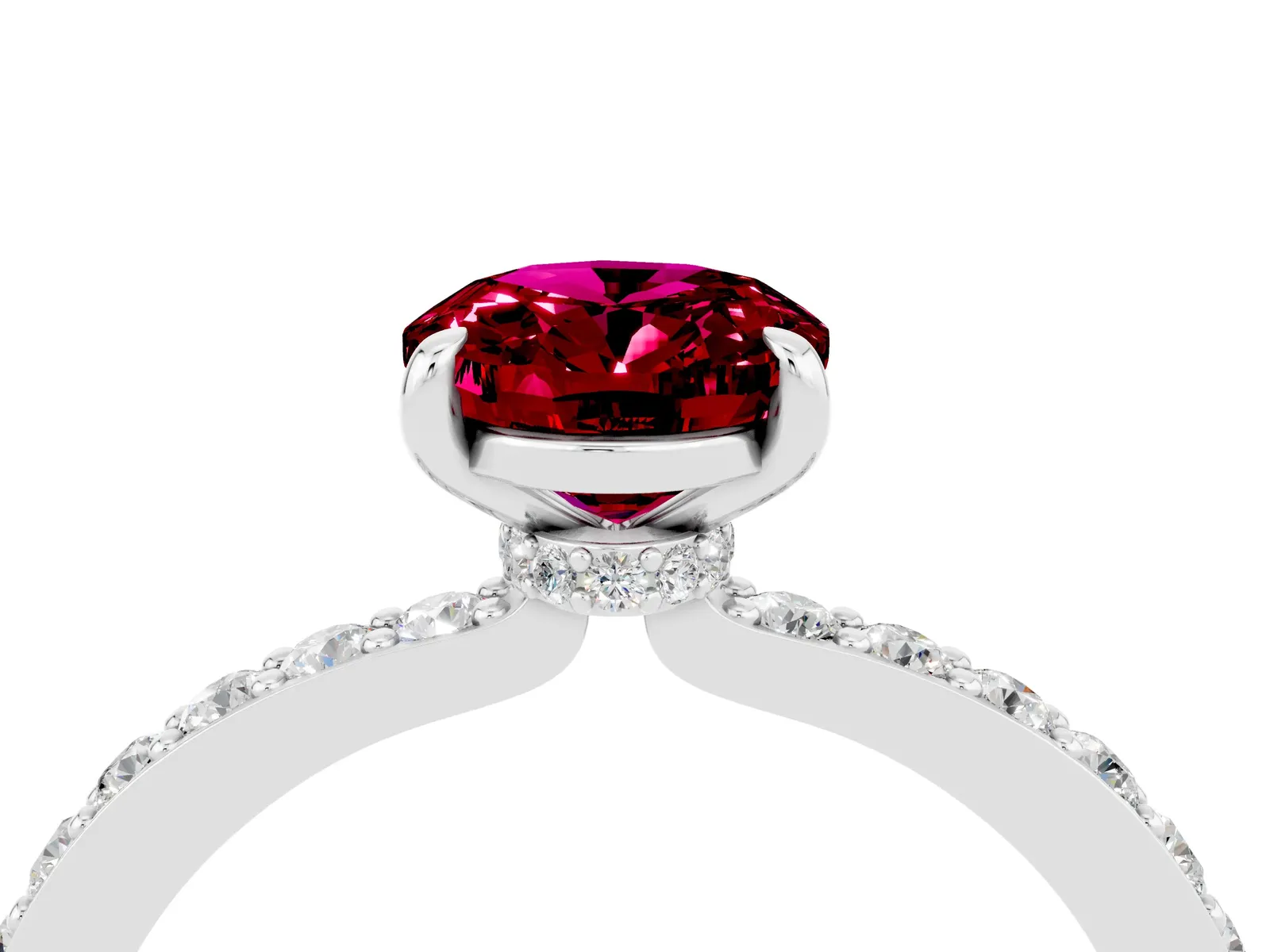 Oval Cut Garnet Solitaire Engagement Ring with Pavé Band and Four-Prong Setting Platinum