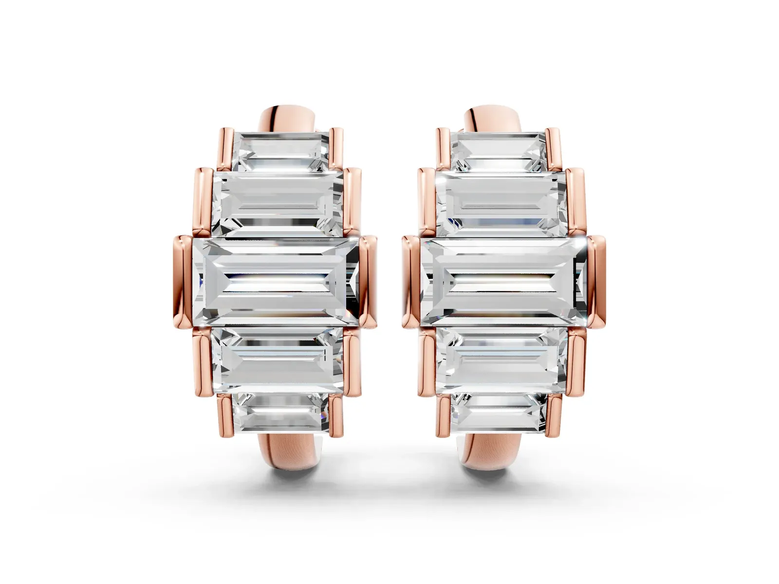 Baguette Cut Diamond Graduated Channel Set Hoop Earrings Rose gold