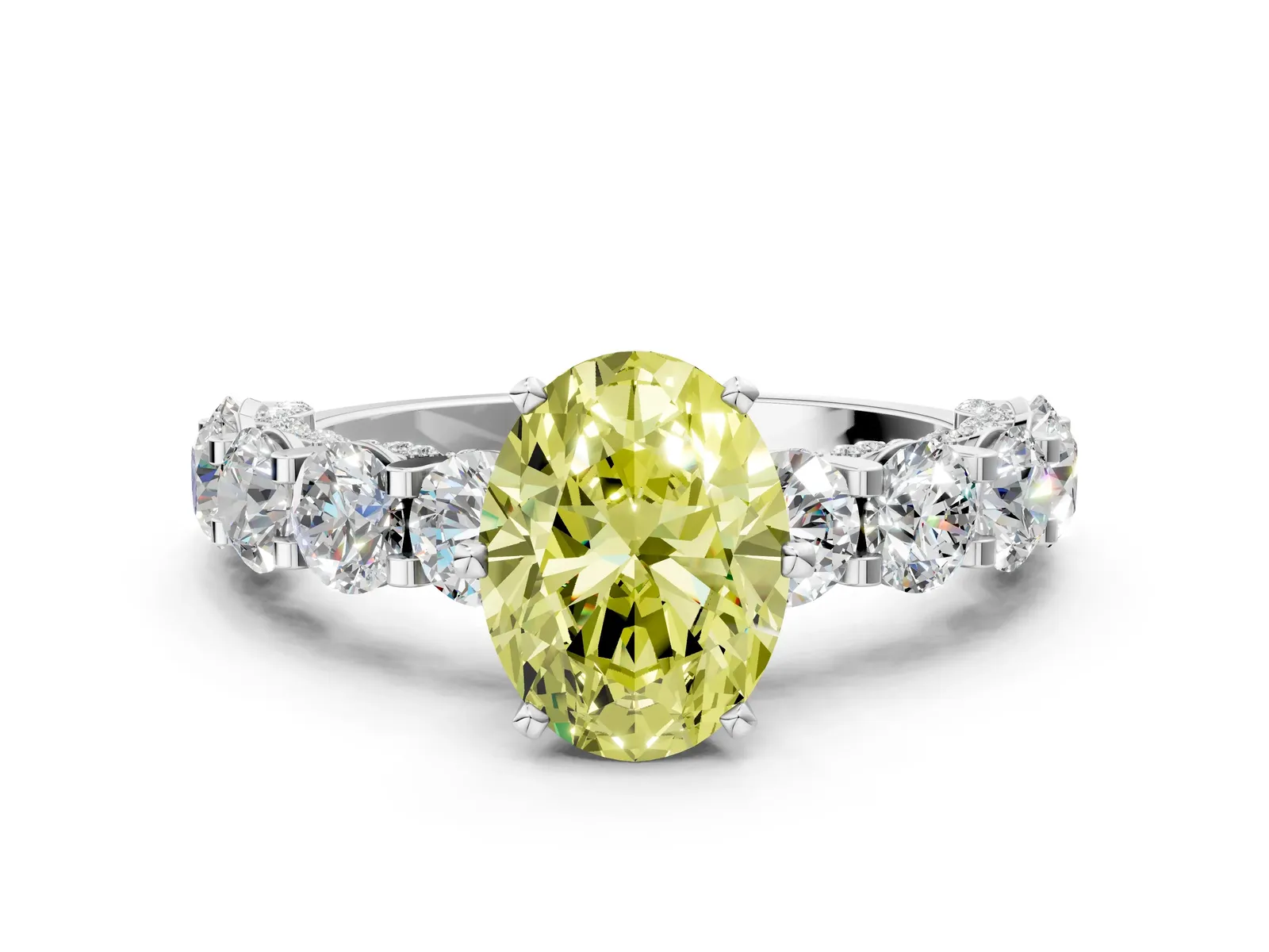 Fancy Yellow Oval Cut Diamond Side Stone Engagement Ring with Four-Prong Setting Platinum
