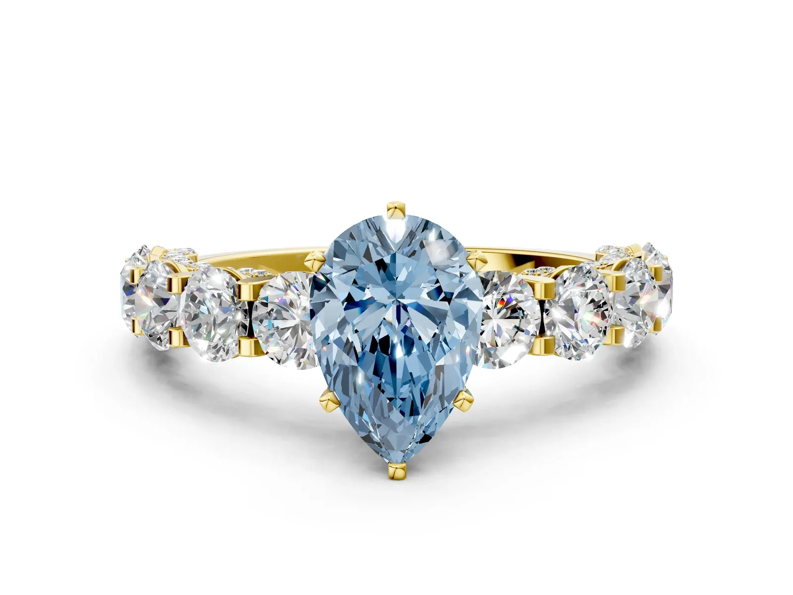 Fancy Blue Pear Cut Diamond Side Stone Engagement Ring with Four-Prong Setting Yellow gold