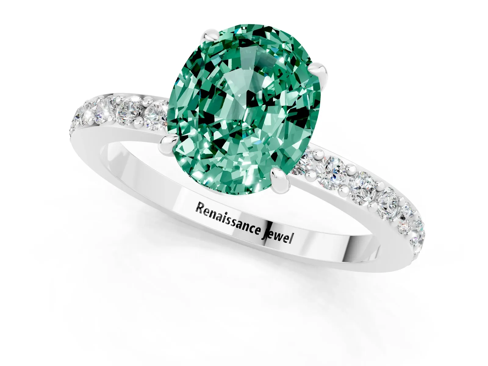 Oval Cut Green Sapphire Solitaire Engagement Ring with Pavé Band and Four-Prong Setting Platinum