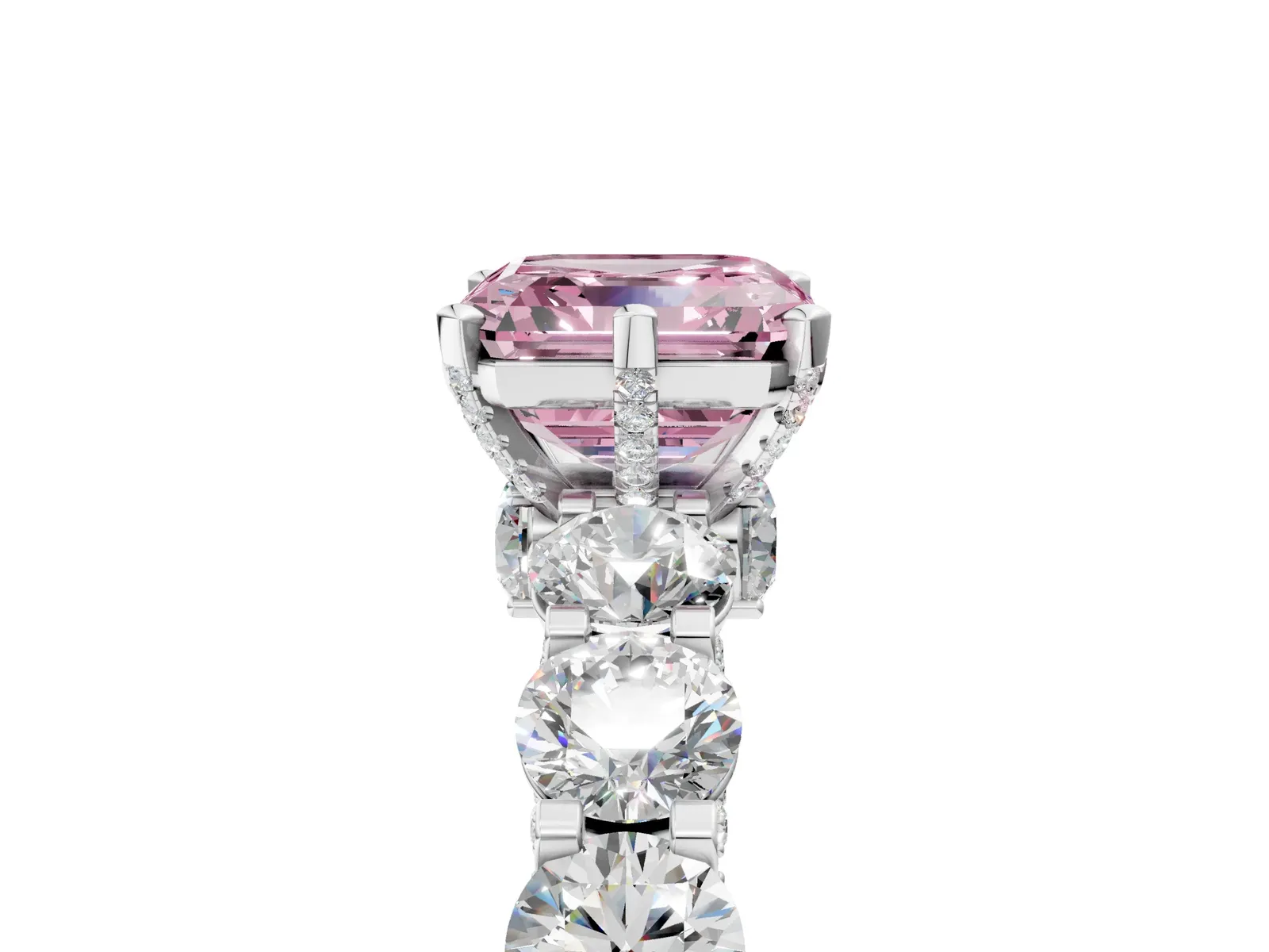 Fancy Pink Asscher Cut Diamond Side Stone Engagement Ring with Four-Prong Setting Platinum