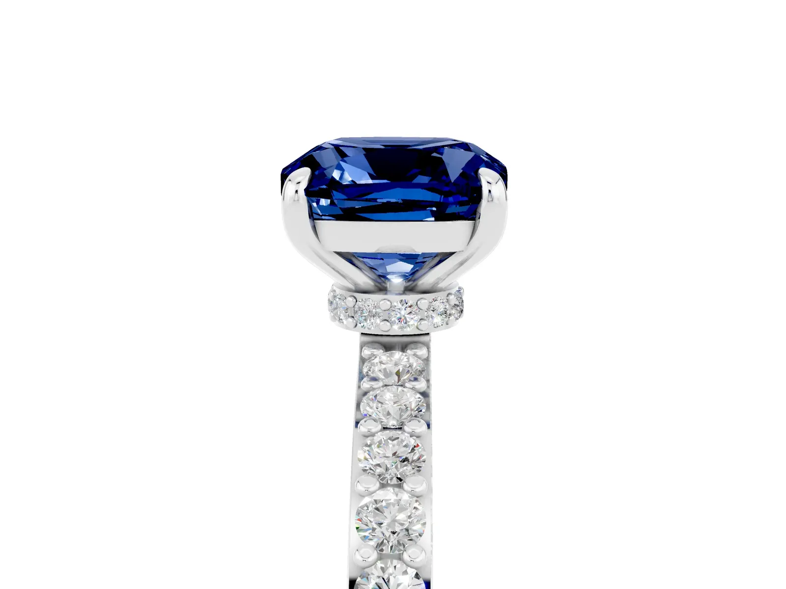 Cushion Cut Blue Sapphire Solitaire Engagement Ring with Pavé Band and Four-Prong Setting Platinum