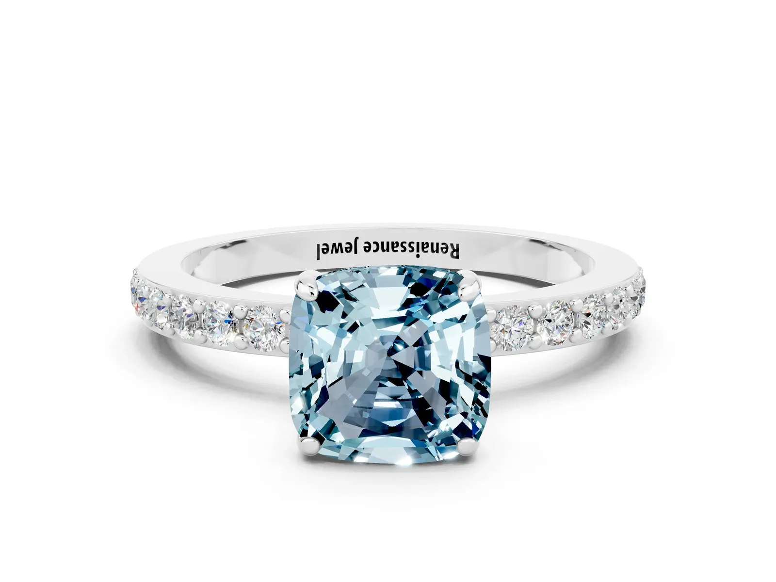Cushion Cut Aquamarine Solitaire Engagement Ring with Pavé Band and Four-Prong Setting Platinum