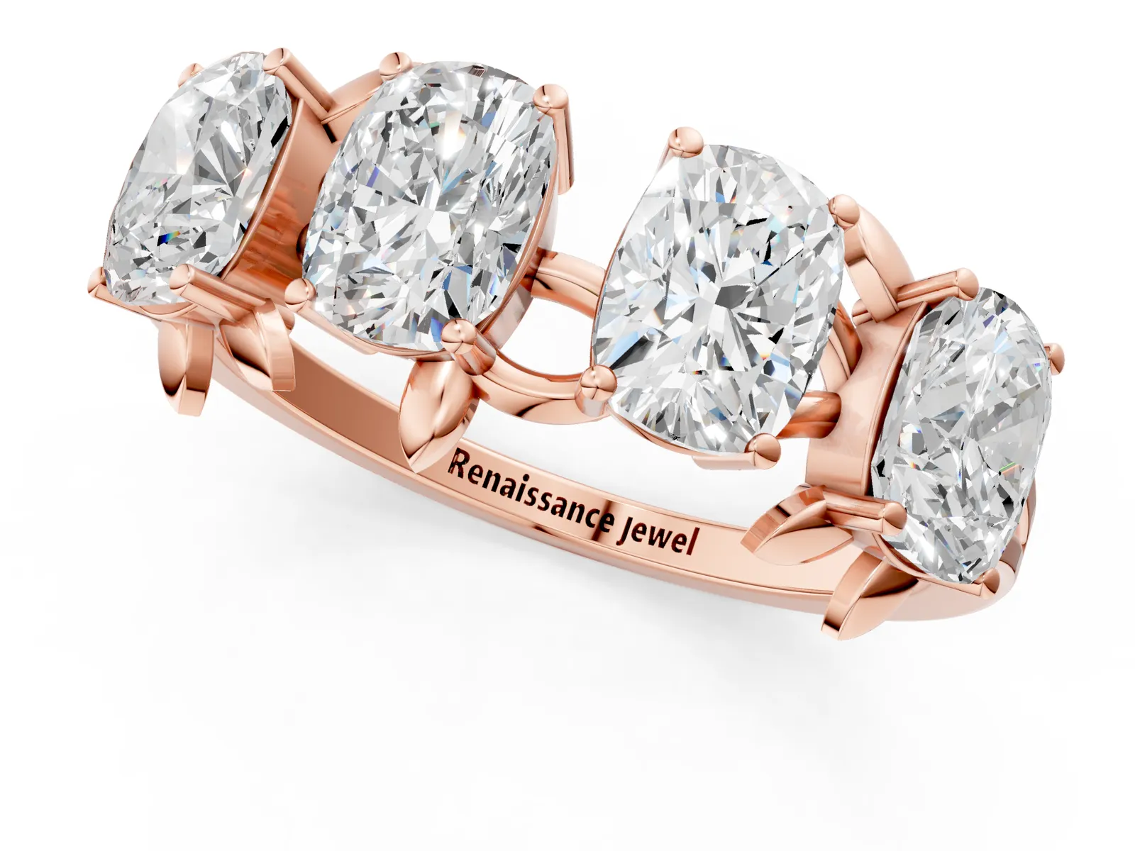 Four-Stone Elongated Cushion Diamond Band with Nature-Inspired Prong Setting Rose gold