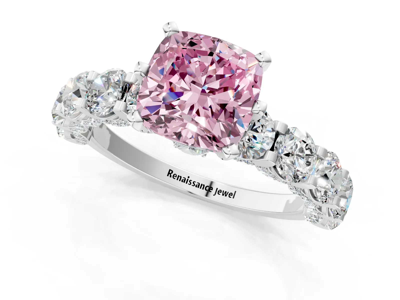 Fancy Pink Cushion Cut Diamond Side Stone Engagement Ring with Four-Prong Setting Platinum
