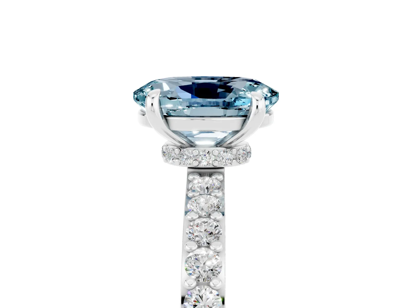 Oval Cut Aquamarine Solitaire Engagement Ring with Pavé Band and Four-Prong Setting Platinum