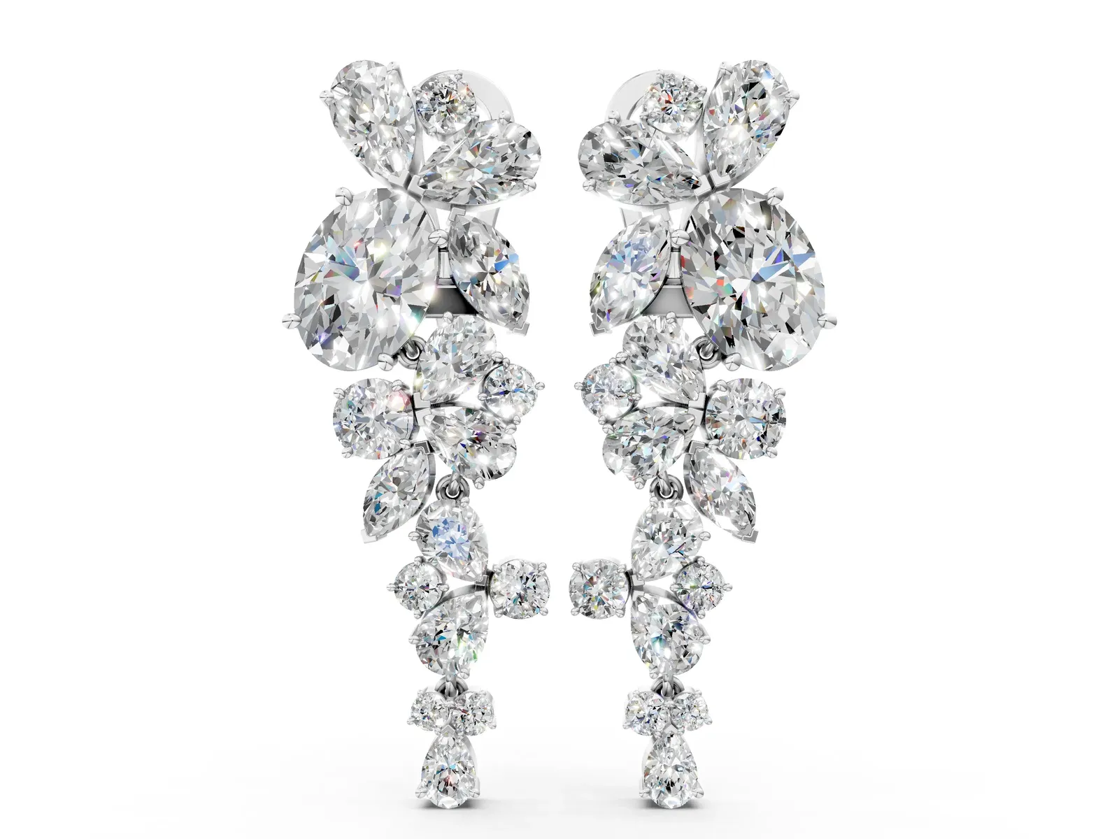 Pear, Marquise and Round Diamond Floral Drop Earrings White gold