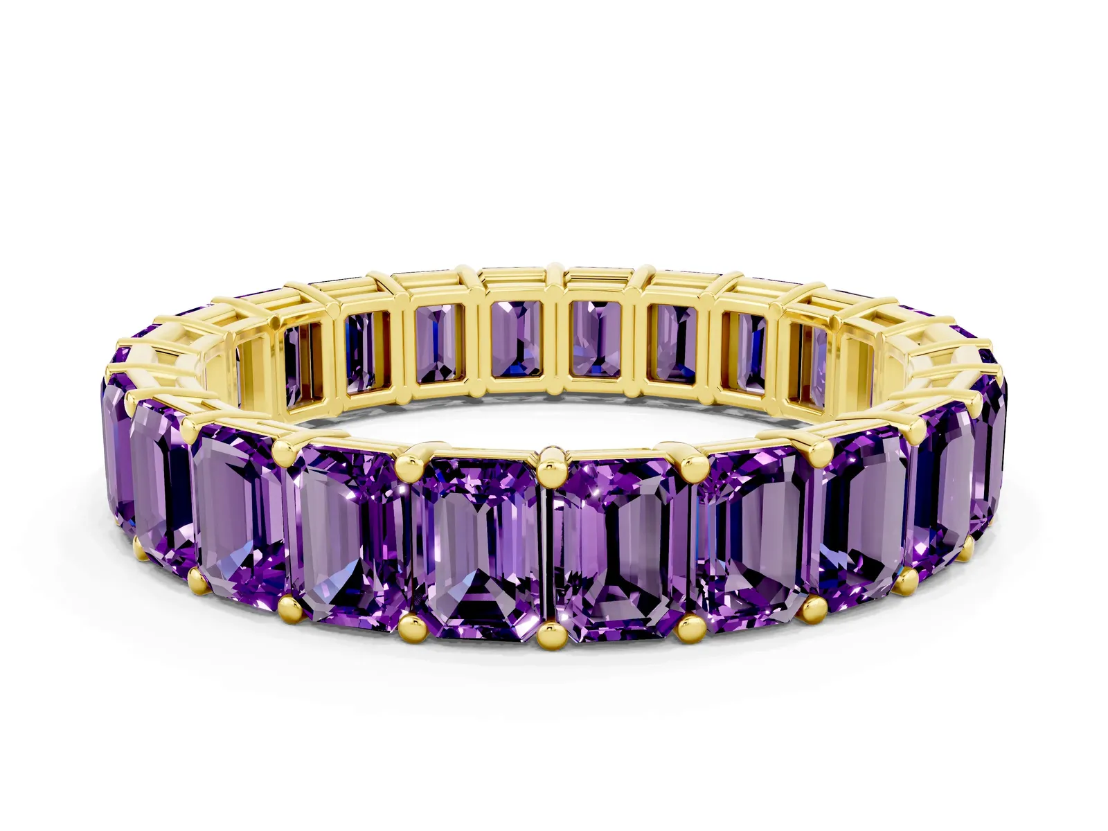 Emerald Cut Amethyst Eternity Band with Shared Prong Setting Yellow gold