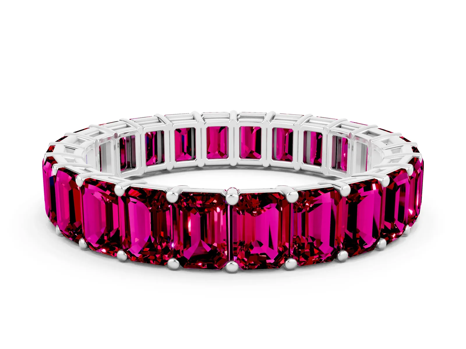 Emerald Cut Garnet Eternity Band with Shared Prong Setting Platinum