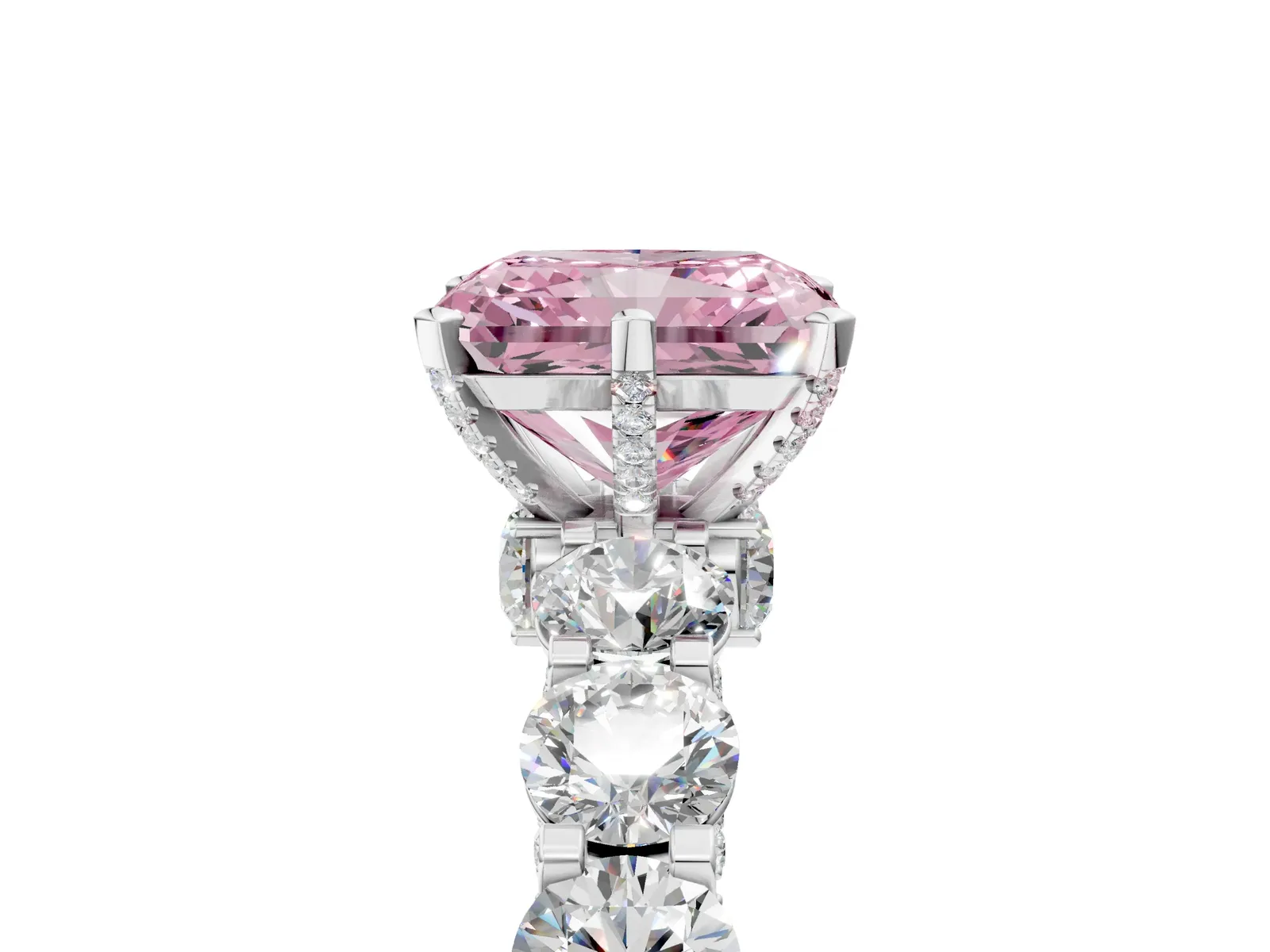 Fancy Pink Radiant Cut Diamond Side Stone Engagement Ring with Four-Prong Setting Platinum