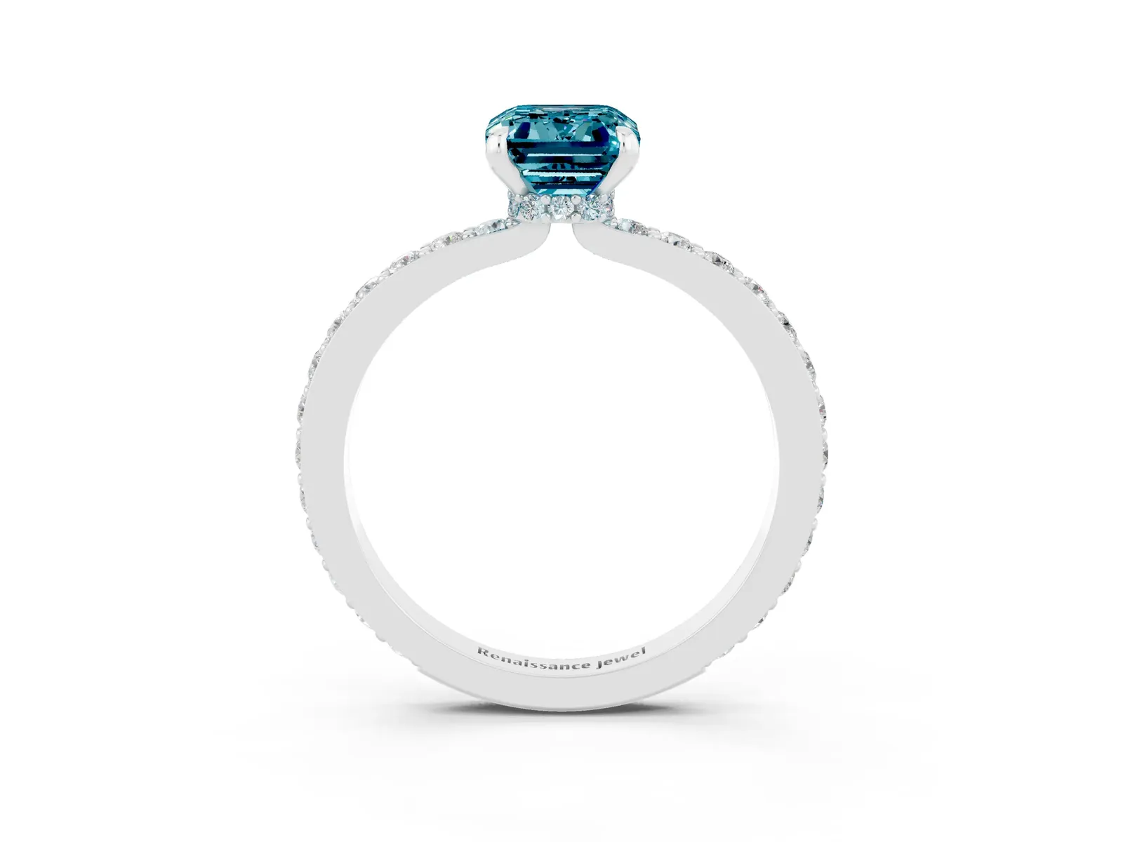 Emerald Cut Blue Topaz Solitaire Engagement Ring with Pavé Band and Four-Prong Setting Platinum