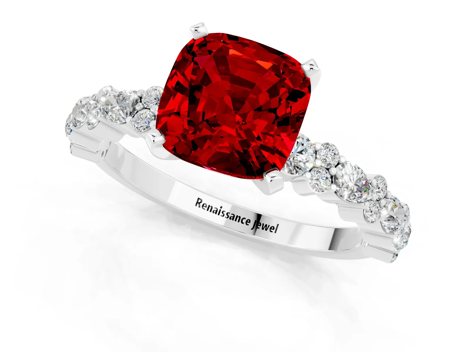 Cushion Cut Ruby Side Stone Solitaire Ring with Round and Four-Prong Setting Platinum