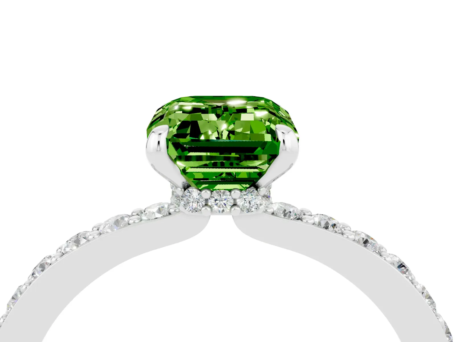 Emerald Cut Peridot Solitaire Engagement Ring with Pavé Band and Four-Prong Setting Platinum