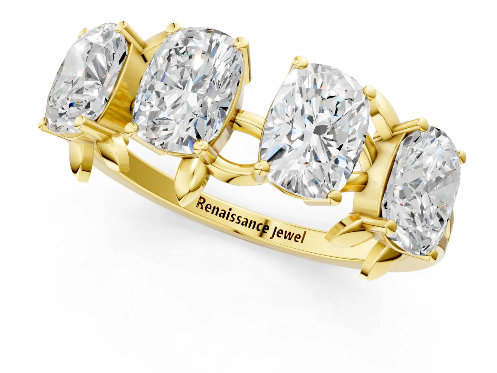 Four-Stone Elongated Cushion Diamond Band with Nature-Inspired Prong Setting Yellow gold