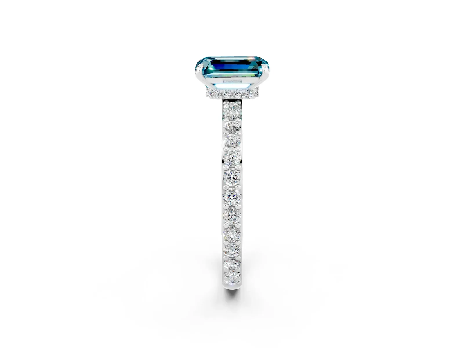 Emerald Cut Blue Topaz Solitaire Engagement Ring with Pavé Band and Four-Prong Setting Platinum