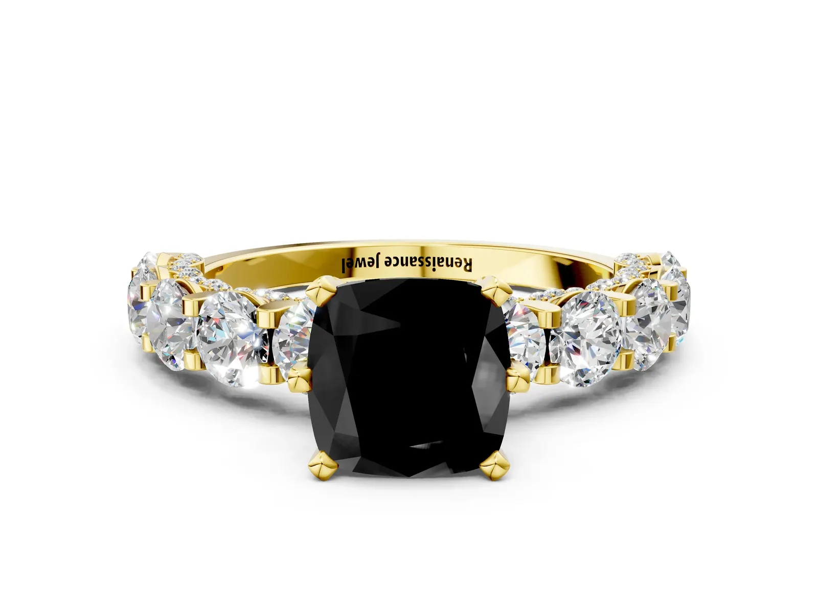 Fancy Black Cushion Cut Diamond Side Stone Engagement Ring with Four-Prong Setting Yellow gold