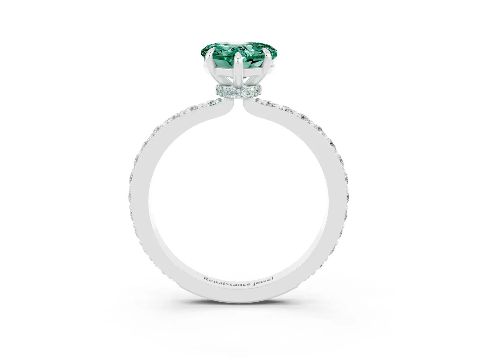 Heart Cut Green Sapphire Solitaire Engagement Ring with Pavé Band and Four-Prong Setting Platinum