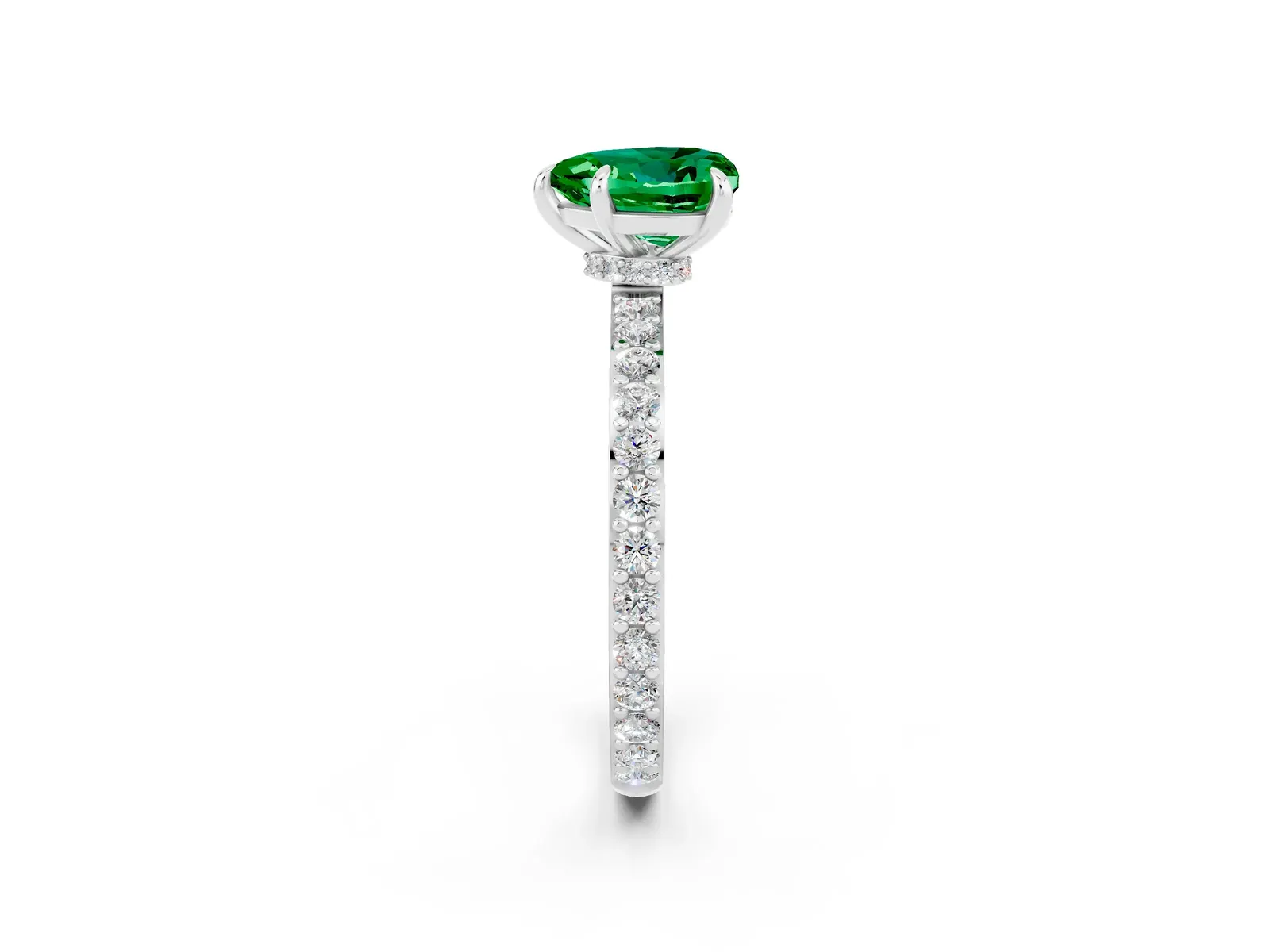 Heart Cut Emerald Solitaire Engagement Ring with Pavé Band and Four-Prong Setting Platinum