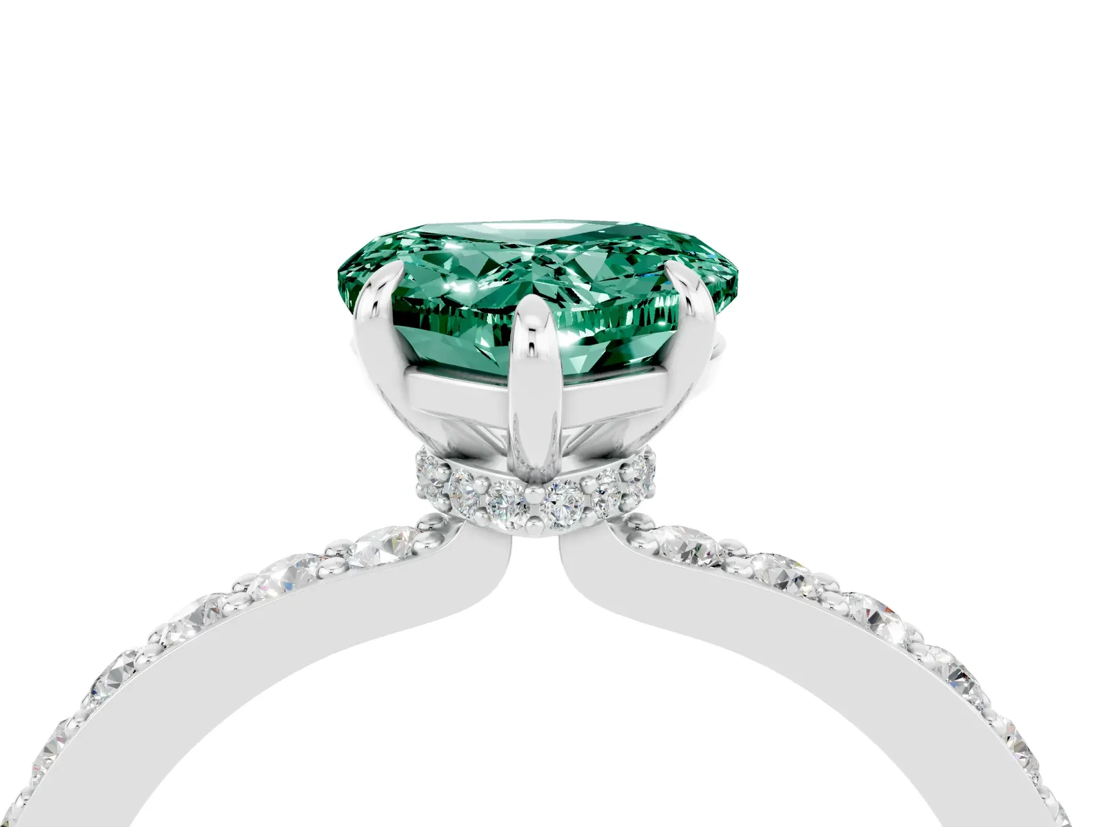 Heart Cut Green Sapphire Solitaire Engagement Ring with Pavé Band and Four-Prong Setting Platinum