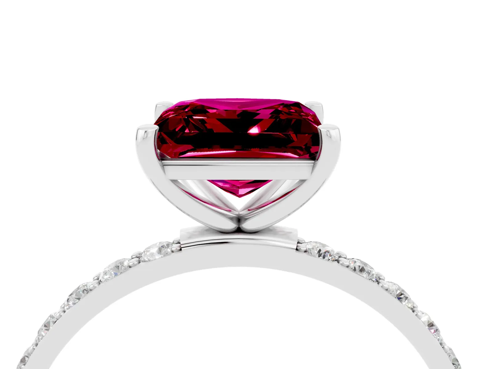 Princess Cut Garnet Solitaire Ring with Round Pavé Band and Prong Setting Platinum