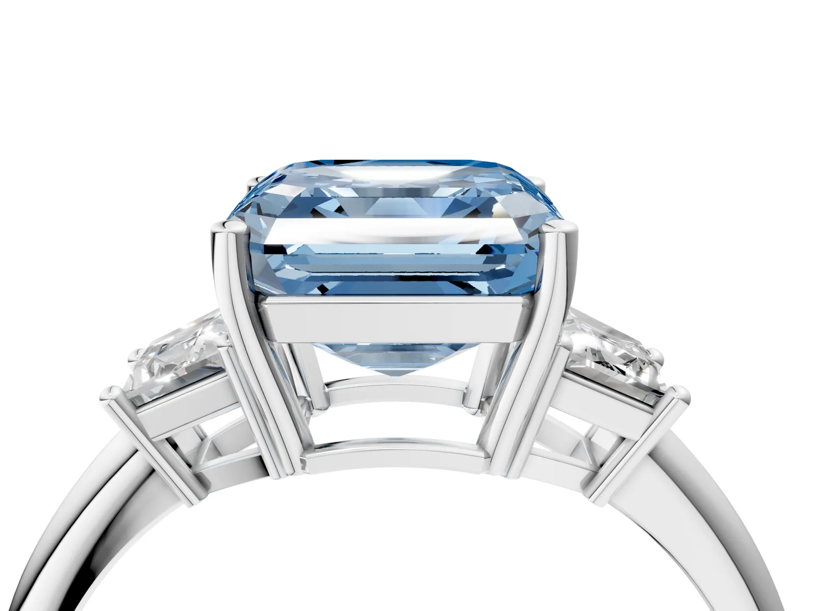 Fancy Blue Asscher Cut Diamond Three-Stone Ring with Trapezoid Side Stones and Prong Setting Platinum