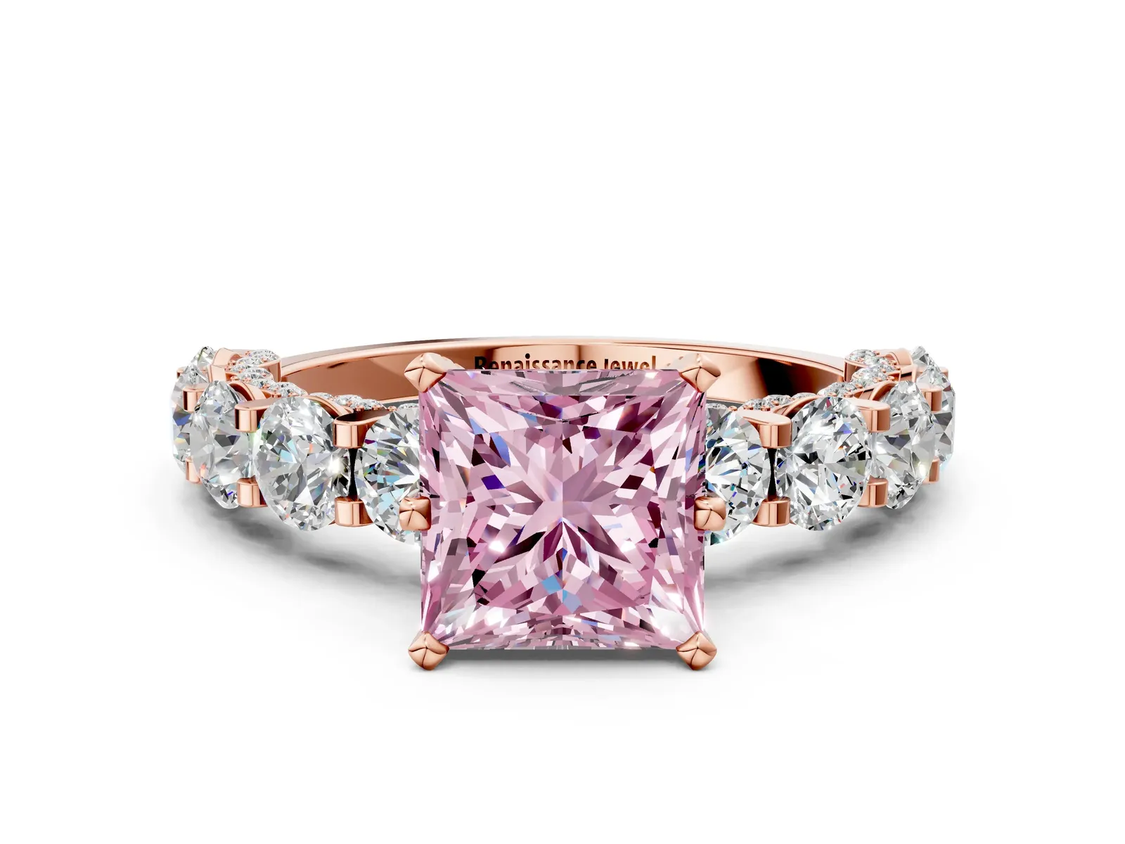 Fancy Pink Princess Cut Diamond Side Stone Engagement Ring with Four-Prong Setting Rose gold